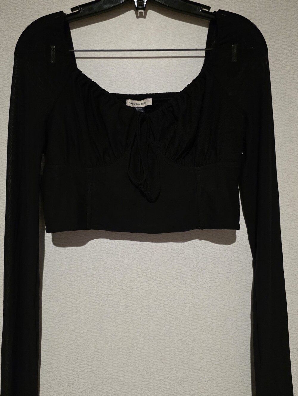 American Eagle Black Mesh Long Sleeve Crop Top Medium New - Picture 6 of 12